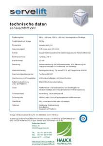 servelift technische daten senkrechtlift V40 Plattformgröße  900 x 1300 oder 1000 x 1400 mm, Sondergröße auf Anfrage