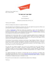 26th Session Human Rights Council Item 3, General Debate The Internet and Human Rights 19 June 2014 Joint Oral Statement