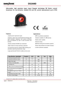 DS200ID Ultra-stable, high precision (ppm class) fluxgate technology DS Series current transducer for non-intrusive, isolated DC and AC current measurement up to 370A Features