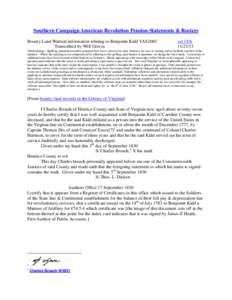 Southern Campaign American Revolution Pension Statements & Rosters Bounty Land Warrant information relating to Benjamin Kidd VAS1065 Transcribed by Will Graves vsl 1VA[removed]