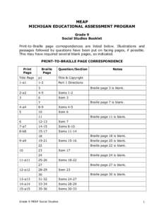 MEAP MICHIGAN EDUCATIONAL ASSESSMENT PROGRAM Grade 9 Social Studies Booklet Print-to-Braille page correspondences are listed below. Illustrations and passages followed by questions have been put on facing pages, if possi
