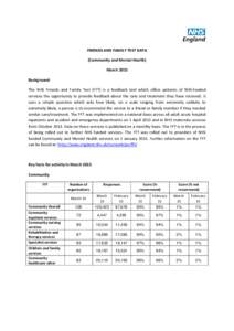 FRIENDS AND FAMILY TEST DATA (Community and Mental Health) March 2015 Background The NHS Friends and Family Test (FFT) is a feedback tool which offers patients of NHS-funded services the opportunity to provide feedback a