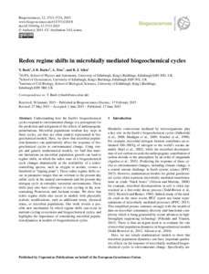 Biogeosciences, 12, 3713–3724, 2015 www.biogeosciences.netdoi:bg © Author(sCC Attribution 3.0 License.  Redox regime shifts in microbially mediated biogeochemical cycles