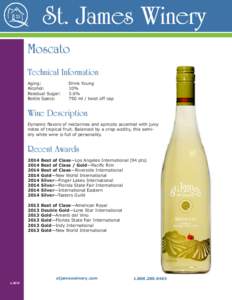 St. James Winery Moscato Technical Information Aging:		 Alcohol:		 Residual Sugar: