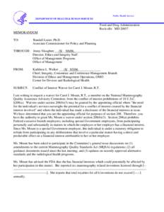 Public Health Service DEPARTMENT OF HEALTH & HUMAN SERVICES Food and Drug Administration Rockville MD[removed]MEMORANDUM