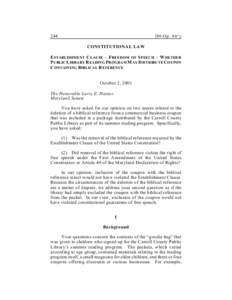 [removed]Op. Att’y CONSTITUTIONAL LAW  E STABLISHMENT C LAUSE – F REEDOM OF S PEECH – W HETHER