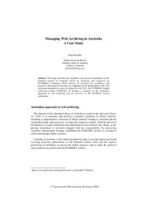 Managing Web Archiving in Australia A Case Study Paul Koerbin Digital Archiving Branch National Library of Australia