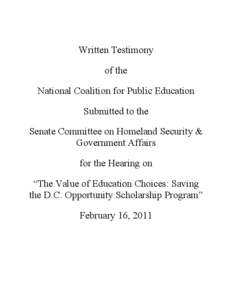 Written Testimony of the National Coalition for Public Education Submitted to the Senate Committee on Homeland Security & Government Affairs
