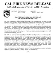 CAL FIRE NEWS RELEASE California Department of Forestry and Fire Protection CONTACT: Julie Hutchinson[removed]RELEASE