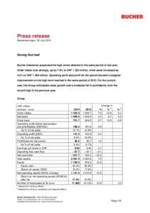 Press release Niederweningen, 30 July 2014 Strong first half  Bucher Industries surpassed the high levels attained in the same period of last year.