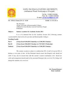 GURU RAVIDAS AYURVED UNIVERSITY, Jodhamal Road Hoshiarpur (Punjab) Tel No.: [removed]Fax No.: [removed]E-mail: [removed] No. GRAU/Dean[removed]