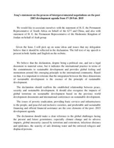 Iraq’s statement on the process of intergovernmental negotiations on the post 2015 development agenda from[removed]Fab[removed]We would like to associate ourselves with the statement of H. E. the Permanent Representative o