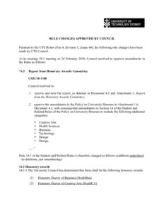 Notice of Rule changes to the Rules of the University, effective 24 February 2010