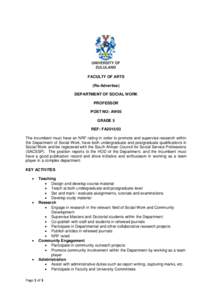 FACULTY OF ARTS (Re-Advertise) DEPARTMENT OF SOCIAL WORK PROFESSOR POST NO: AW05 GRADE 5
