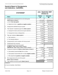 CA[removed]Quarterly Report for Overpayments and Collections - CalWORKs, Jul-Sep07.