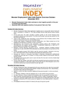 Monster Employment Index India Quarter Overview OctoberDecember 2013   Monster Employment Index India continues to chart negative growth on the year in October and November