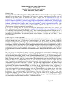 Annual Drinking Water Quality Report for 2012 Jefferson Water District Post Office Box 34 Jefferson, New York[removed]Public Water Supply ID# NY4700095 INTRODUCTION To comply with State and Federal regulations, Jefferson W