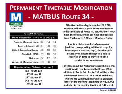 PERMANENT TIMETABLE MODIFICATION - MATBUS ROUTEmatbus.com Route 34 Schedule Hours of Operation - 7:44 a.m. to 5:00 p.m.