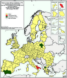 Regions whose GDP per inhabitant, in PPS, moved upwards or downwards over the 75 % threshold of the average EU-27, by NUTS 2 regions, average 2004–06 compared with average 1999–2001