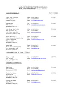 SACRAMENTO ENVIRONMENT COMMISSION PUBLIC MEMBERSHIP LIST- As of June 25th, 2014 COUNTY MEMBERS (5):  TERM EXPIRES: