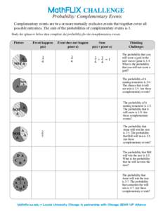 Probability: Complementary Events Complementary events are two or more mutually exclusive events that together cover all possible outcomes. The sum of the probabilities of complementary events is 1. Study the spinners be