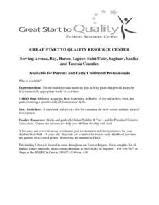 GREAT START TO QUALITY RESOURCE CENTER Serving Arenac, Bay, Huron, Lapeer, Saint Clair, Saginaw, Sanilac and Tuscola Counties Available for Parents and Early Childhood Professionals What is available? Experience Bins: Th