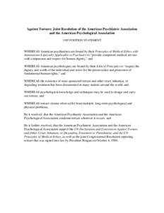 Against Torture: Joint Resolution of the American Psychiatric Association and the American Psychological Association