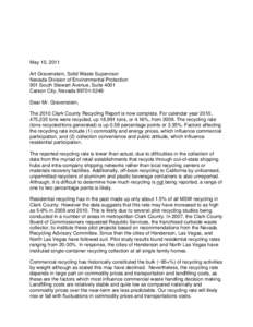 May 10, 2011 Art Gravenstein, Solid Waste Supervisor Nevada Division of Environmental Protection 901 South Stewart Avenue, Suite 4001 Carson City, Nevada[removed]Dear Mr. Gravenstein,