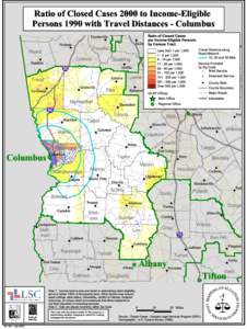 Ratio of Closed Cases 2000 to Income-Eligible Persons 1990 with Travel Distances - Columbus #  #