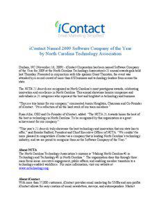 iContact Named 2009 Software Company of the Year by North Carolina Technology Association Durham, NC (November 16, [removed]iContact Corporation has been named Software Company