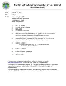 Hidden Valley Lake Community Services District Special Board Meeting DATE:  February 23, 2016