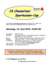 15.Chemnitzer Sparkassen-Cup Zum traditionellen Schnellschachturnier lädt die USG Chemnitz in diesem Jahr wieder in die Räume der Sparkasse Chemnitz im Stadtzentrum ein:  Samstag, 18. Juni 2016, 10:00 Uhr