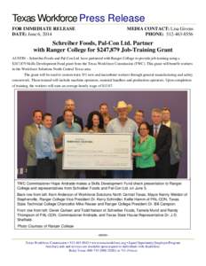 Schreiber Foods, Pal-Con Ltd. Partner with Ranger College for $247,879 Job-Training Grant