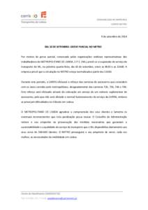 COMUNICADO DE IMPRENSA CARRIS METRO 9 de setembro deDIA 10 DE SETEMBRO: GREVE PARCIAL NO METRO