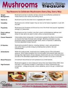 Top Reasons to Celebrate Mushrooms Every Day, Every Way Weight Management: Mushrooms are low in calories, fat free, and can be an effective substitute for meats thanks to their hearty and fulfilling nature.