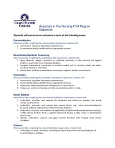 Associate in Pre-Nursing-DTA Degree Outcomes Students will demonstrate outcomes in each of the following areas: Communication: After successfully completing the communication requirement, students will: 1. Demonstrate li