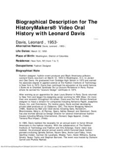 Biographical Description for The HistoryMakers® Video Oral History with Leonard Davis Davis, Leonard , [removed]PERSON