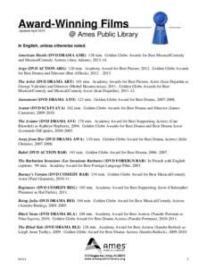 Award-Winning Films Updated April 2014 @ Ames Public Library  In English, unless otherwise noted.
