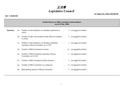 立法會 Legislative Council LC Paper No. CB[removed]Ref : CB2/R[removed]Position Report on Bills Committees/subcommittees