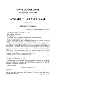 NEVADA LEGISLATURE Seventy-Eighth Session, 2015 ASSEMBLY DAILY JOURNAL THE NINETEENTH DAY CARSON CITY (Friday), February 20, 2015