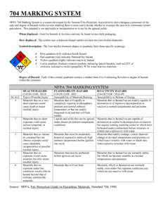 704 MARKING SYSTEM NFPA 704 Marking System is a system developed by the National Fire Protection Association to alert emergency personnel of the type and degree of hazards within an area enabling them to more easily deci