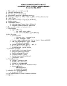 Cottonwood Valley Charter School Governing Council Regular Meeting Agenda December 12, [removed].