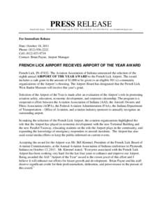 Microsoft Word - PRESS RELEASE French Lick Airport of the Year2011 _2_.doc