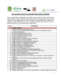 PRE-QUALIFICATION OF SUPPLIERS AND ANNUAL TENDERS Kenya Sugar Board in collaboration with Nzoia Sugar Company Limited, South Nyanza Sugar Company, Muhoroni/Miwani Sugar Company (In Receivership) and Chemelil Sugar Compan