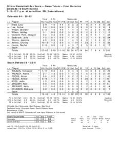 Official Basketball Box Score -- Game Totals -- Final Statistics Colorado vs South Dakota[removed]p.m. at Vermillion, SD (DakotaDome) Colorado 64 • 20-13 ## 01