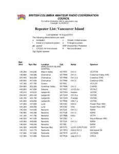 BRITISH COLUMBIA AMATEUR RADIO COORDINATION COUNCIL For further information refer to www.bcarcc.org. Copyright by BCARCC  Repeater List: Vancouver Island