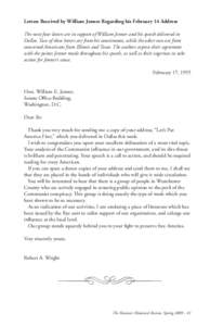 Letters Received by William Jenner Regarding his February 14 Address The next four letters are in support of William Jenner and his speech delivered in Dallas. Two of these letters are from his constituents, while the ot