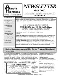 urora ighlands Civic Association AuroraHighlands.org Inside This Issue:  County Budget: Senior