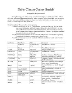 Other Clinton County Burials Compiled by Wayne Summers During the early years of the county many burials took place in family plots. Most of these have been removed to established cemeteries. Below is a list of known bur