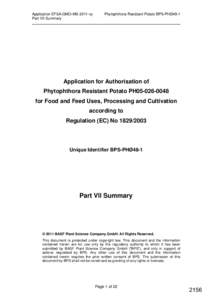 Application EFSA-GMO-MS-2011-xy Part VII Summary Phytophthora Resistant Potato BPS-PHØ48-1  Application for Authorisation of